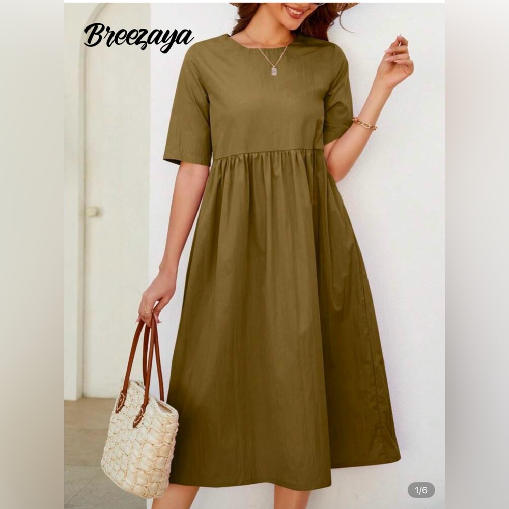 Elegant Olive Green Midi Dress Sz S